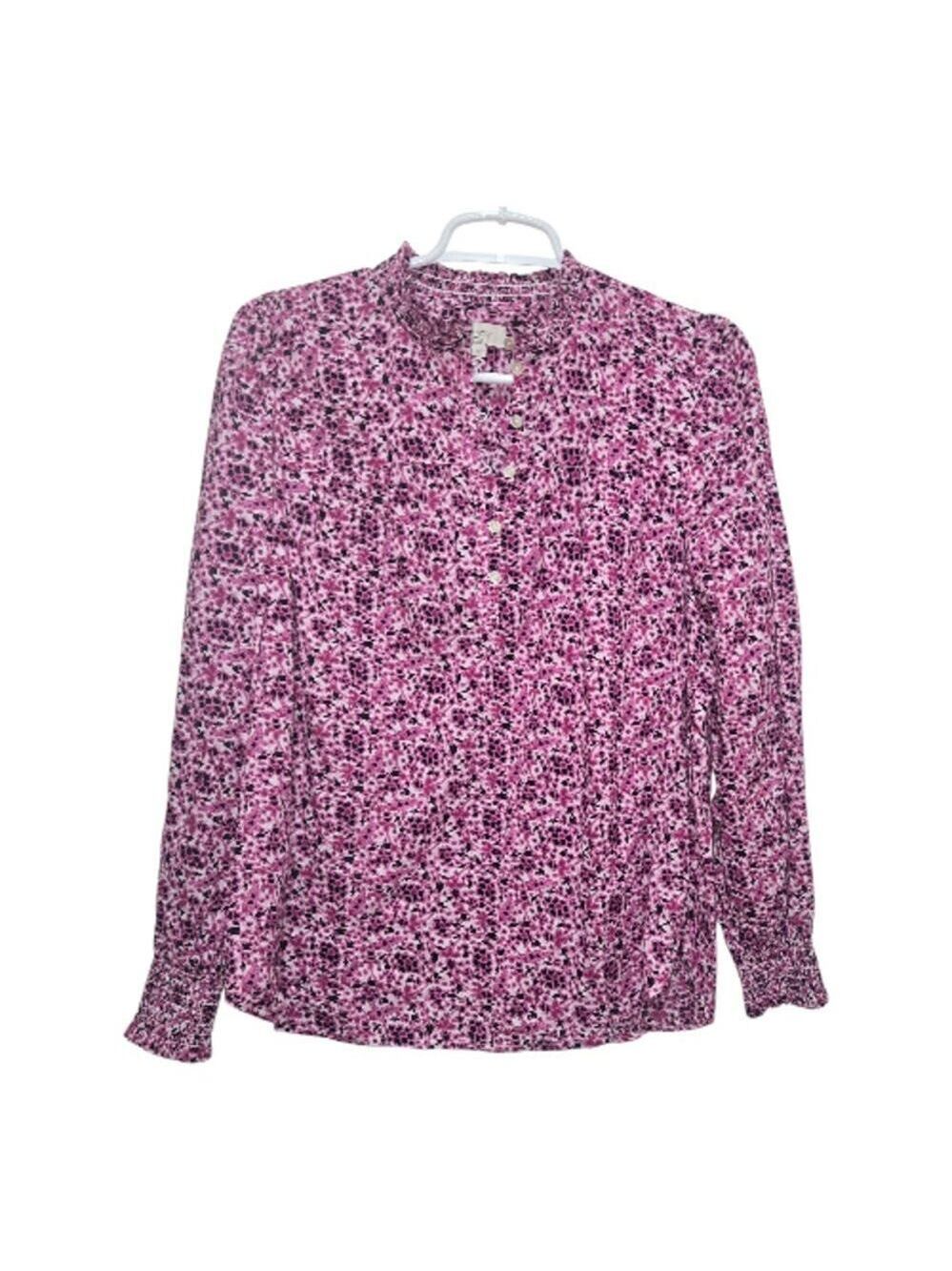 LOFT S Floral Smocked Cuff Henley Blouse Pink Black